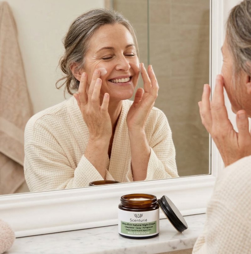 Natural skincare for pro-ageing & mature skin. A smiling middle-aged woman in a cream robe applying Scenturie Ultra-Rich Natural Night Cream to her face in a bathroom mirror, with the open amber glass jar and black lid on the marble counter.