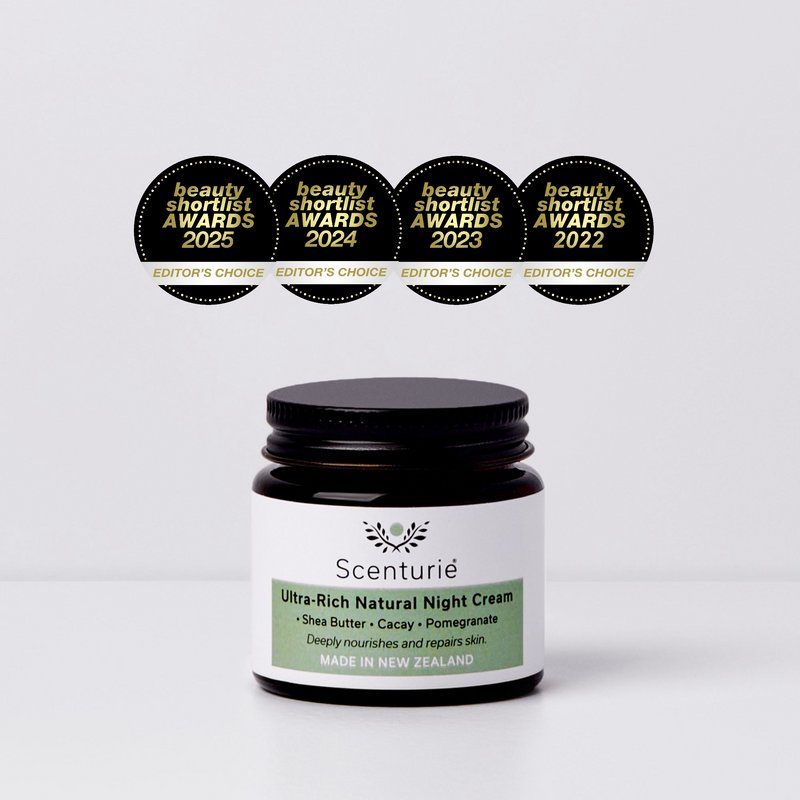 'Editor's Choice' award logos from the 2025, 2024, 2023, and 2022 Beauty Shortlist Awards for Scenturie's Night Cream.