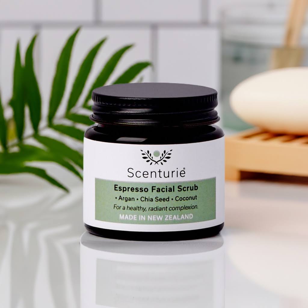 espresso facial scrub in bathroom