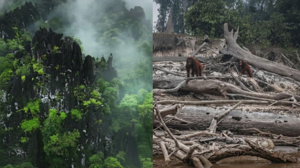A split-screen photographic comparison. The left side shows a lush, vibrant green tropical rainforest shrouded in mist. The right side shows a desolate landscape of felled trees and mud, with two orangutans navigating the debris of their destroyed habitat.