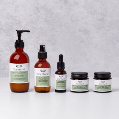 Scenturie Ultra-Hydrating Skincare Set with 5 full-sized amber glass products including Bakuchiol Serum and award-winning Night Cream for dry and mature skin.