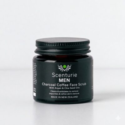 Scenturie Men’s Charcoal & Coffee Face Scrub in recyclable amber glass - 2026 International Beauty Shortlist winner for Best Pre-Shave Product. 2026 Award Winning Men's Face Scrub Scenturie