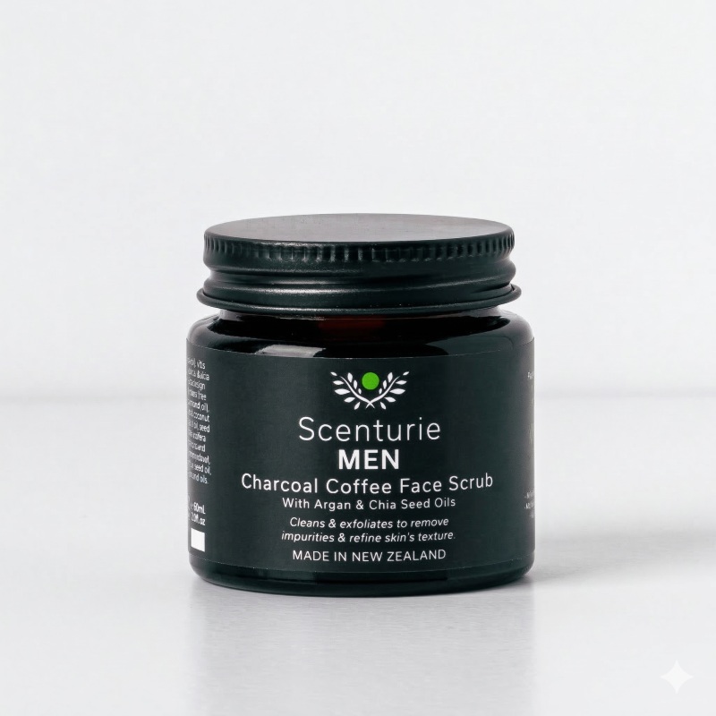 Scenturie Men’s Charcoal & Coffee Face Scrub in recyclable amber glass - 2026 International Beauty Shortlist winner for Best Pre-Shave Product. 2026 Award Winning Men's Face Scrub Scenturie