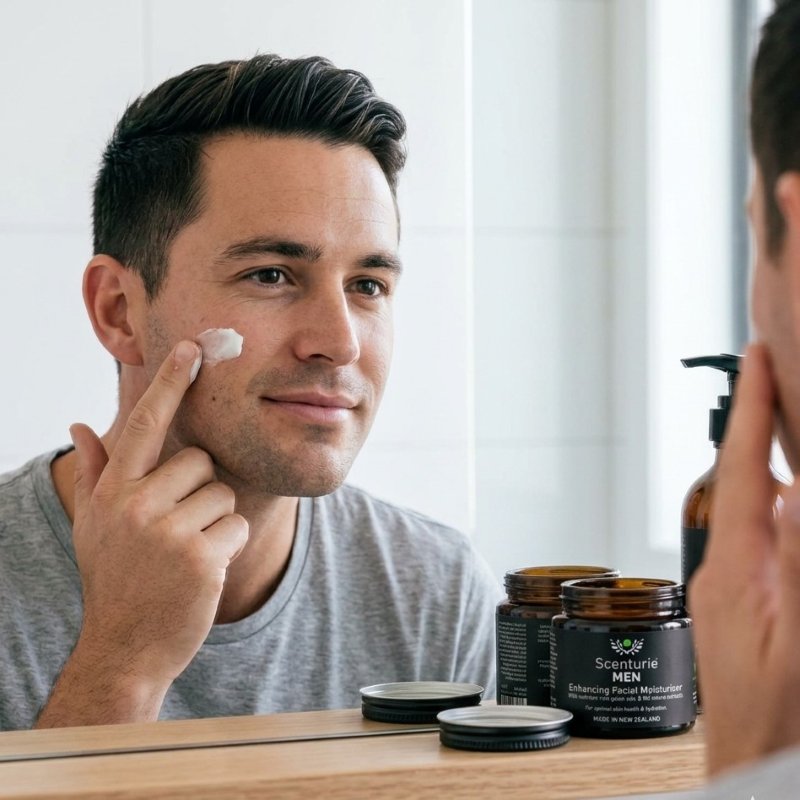 Men's skincare & grooming products. Man applying Scenturie Men's Enhancing Facial Moisturiser to his face.