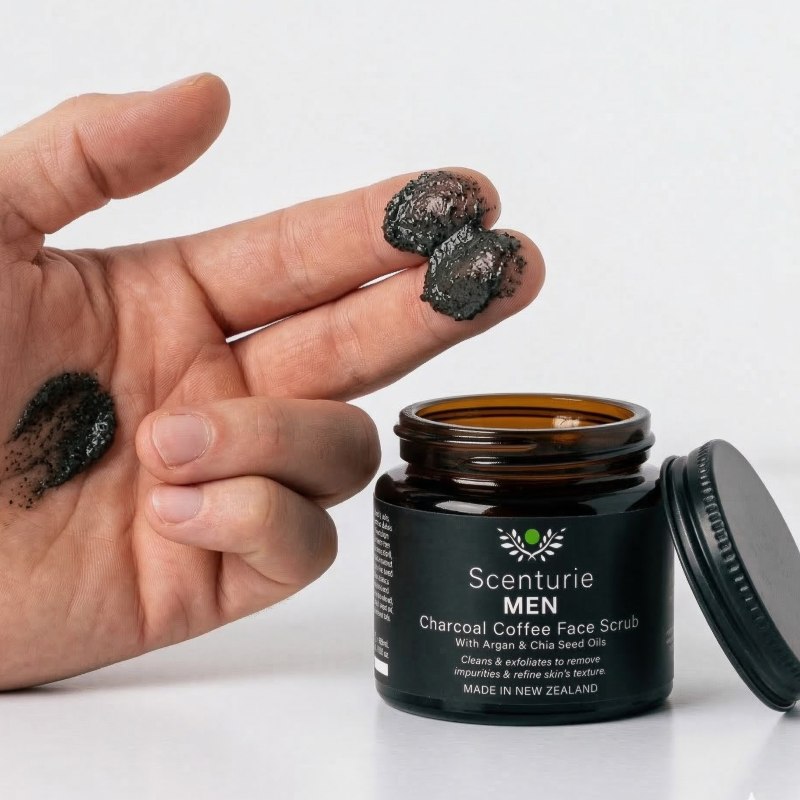 Close-up of Scenturie Men’s Charcoal & Coffee Face Scrub being applied to a hand, showing the rich, dark texture of activated charcoal and finely ground coffee beans.