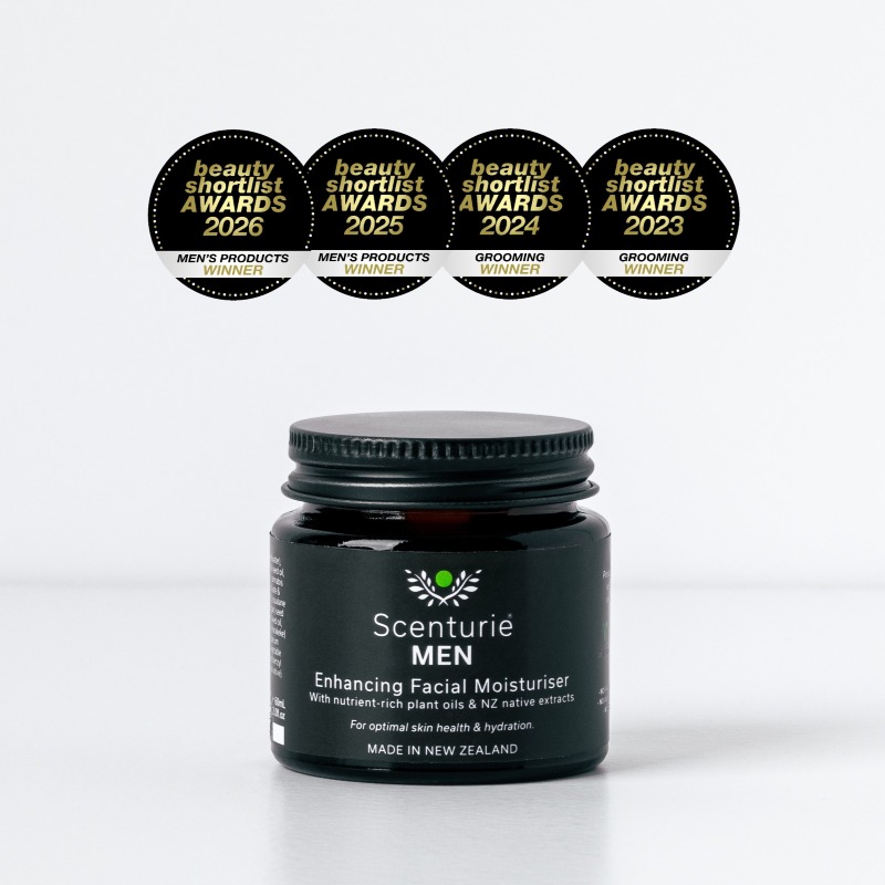 Scenturie Men’s Enhancing Facial Moisturiser featuring International Beauty Shortlist Award logos for 2023, 2024, 2025, and 2026.