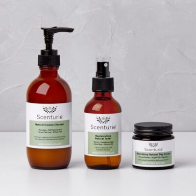 Scenturie Sensitive Skincare Set featuring 3 full-sized amber glass products: Creamy Cleanser, Replenishing Toner, and Nourishing Day Cream