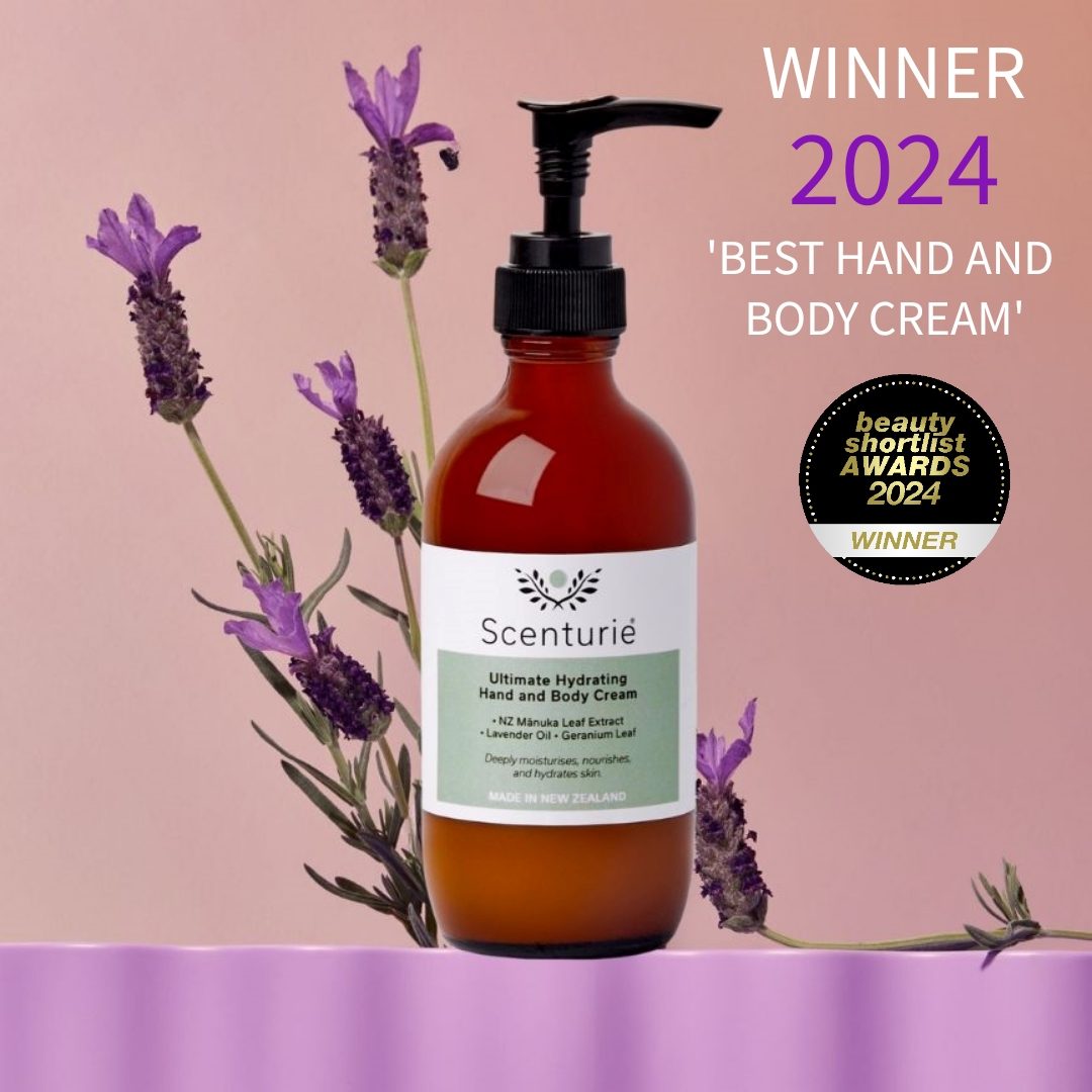 Scenturie's Ultimate Natural Hand & Body Cream awarded 'Best Hand & Body CReam' at the International Beauty Shortlist Awards 2024.Styled with the award logo and purple background with lavender flowers.