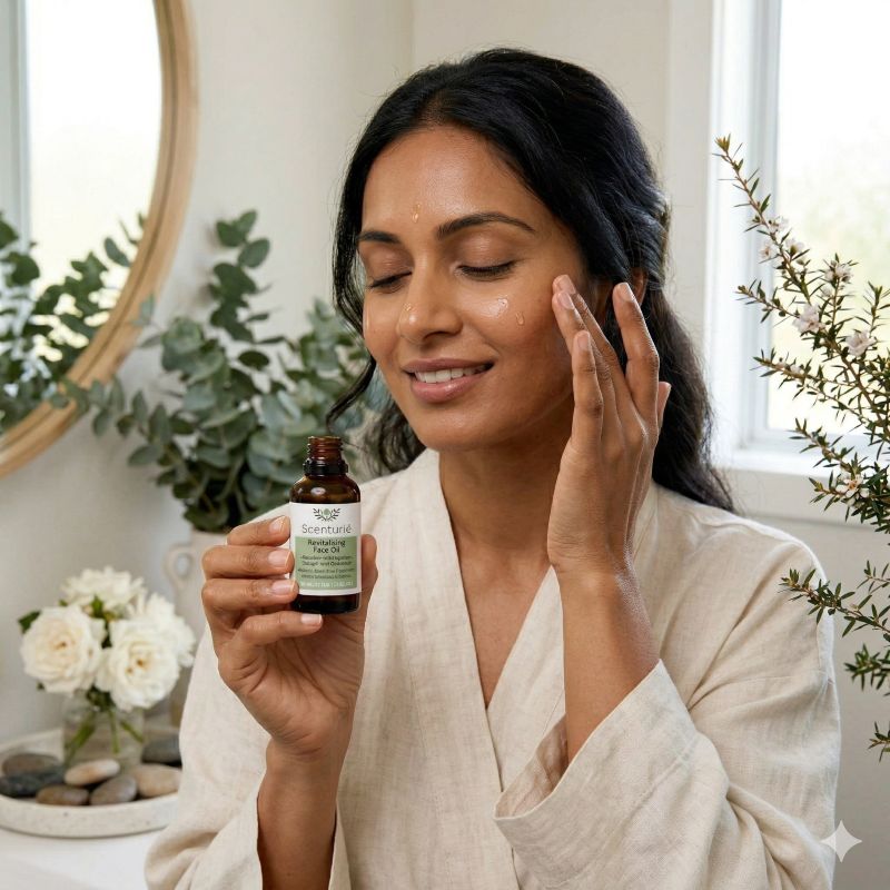Indian woman in her 40s applying Scenturie Revitalising Face Oil featuring Rosehip, Pomegranate, and Cacay. A dewy, radiant complexion achieved with award-winning NZ botanical skincare.