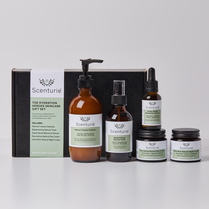 Scenturie Hydration Heroes Skincare Gift Set featuring 5 full-sized award-winning products including Bakuchiol Serum and 2026 Triple Gold Night Cream. Premium NZ-made hydration ritual in a luxury gift box.