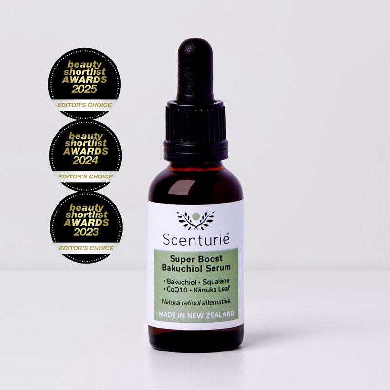 Scenturie Super Boost Bakuchiol Serum bottle displayed with its 'Editor's Choice' winner logos from the International Beauty Shortlist Awards.