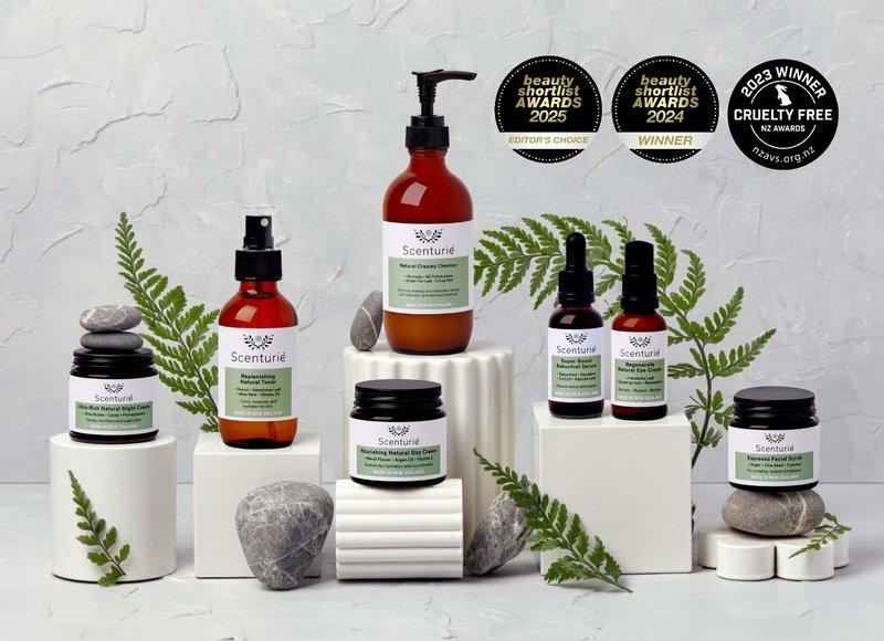 Scenturie’s award-winning natural women's skincare range in eco-friendly amber glass bottles, displayed with 2026 International Beauty Shortlist Award logos including Triple-Gold Ultra-Rich Night Cream, handcrafted in Auckland, New Zealand.