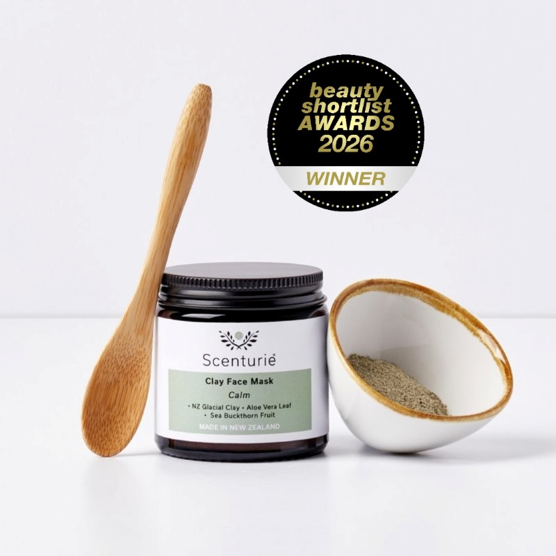 Scenturie Natural Skincare Clay Face Mask Set, winner of Best Clay Face Mask 2026, featuring NZ Glacial Clay, a handcrafted porcelain mixing bowl, and a bamboo spoon. This plastic-free, sustainable skincare gift set is designed for an at-home spa ritual using New Zealand native botanicals for sensitive and acne-prone skin.