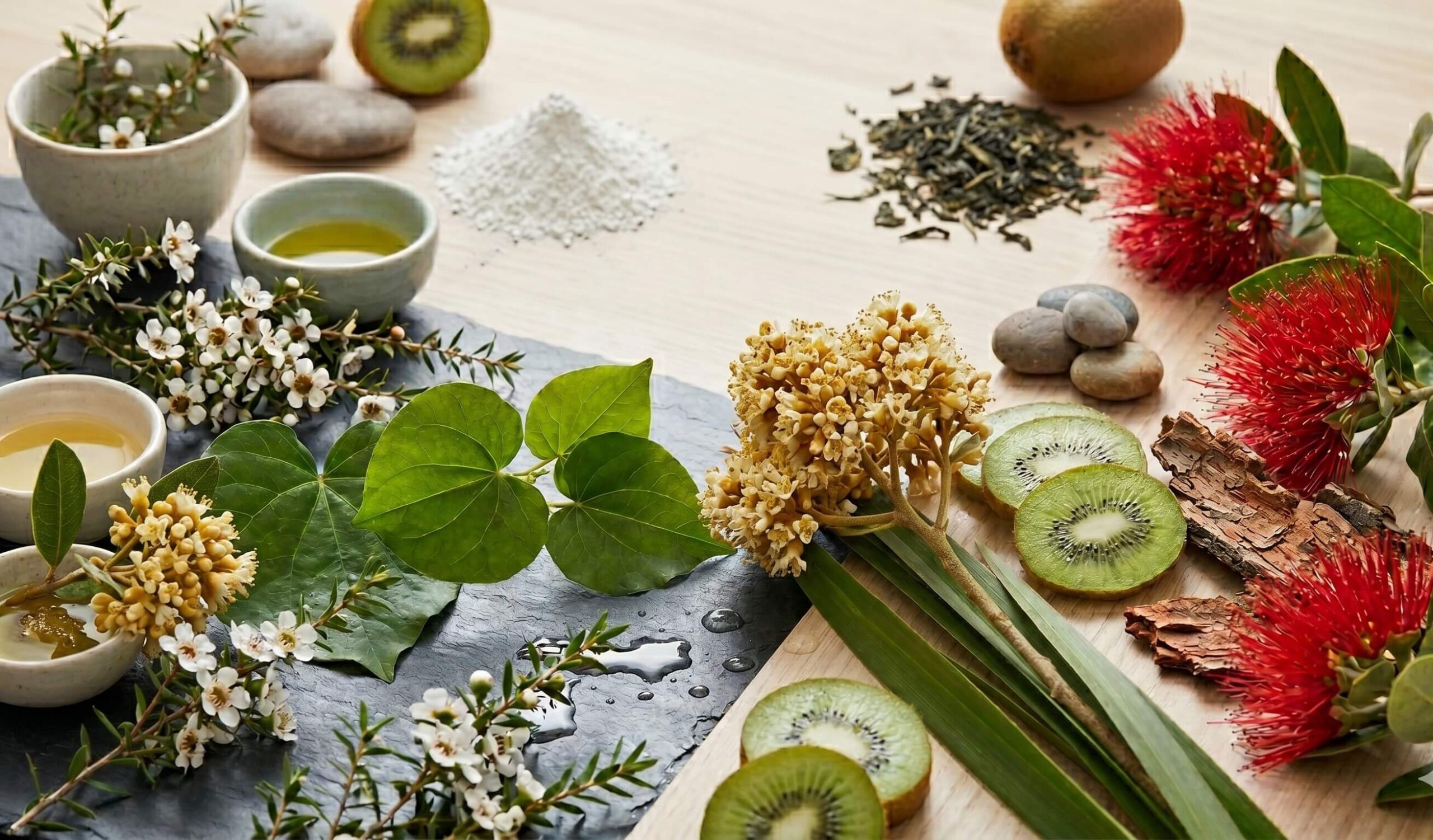 A detailed flat lay photograph of New Zealand native botanical ingredients for Scenturie Natural Skincare on a split slate and wood surface. The collection includes fresh Mānuka flowers, heart-shaped Kawa Kawa leaves, Pōhutukawa flowers, fresh and whole Kiwi fruit, Flax flower buds, river stones, and bark, with several ceramic bowls of herbal infusions and oils.