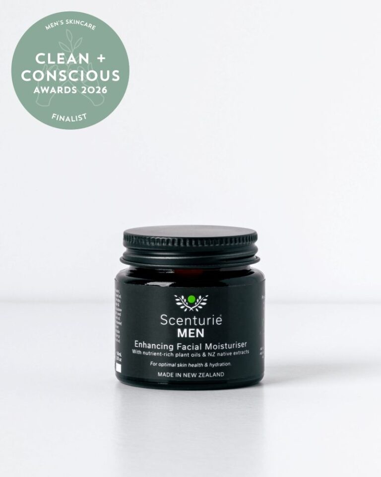 Scenturie Men's award-winning Facial Moisturiser with Clean + Conscious Awards logo