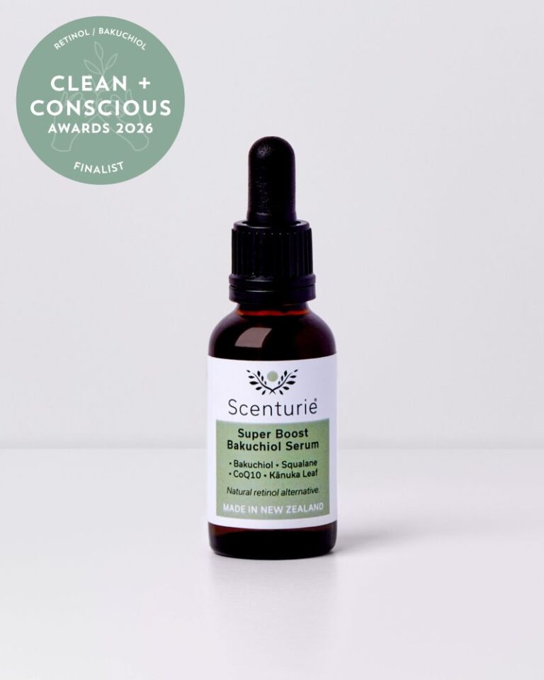 Scenturie Natural Skincare multi-award-winning Super Boost Bakuchiol Serum with 2026 Clean + Conscious Awards logo